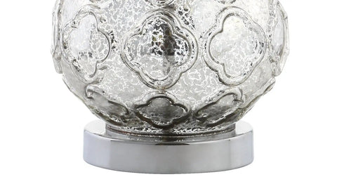 Detailed trellis pattern on mercury silver glass base of Mercury Silver Glass Table Lamp Set Of 2 With White Linen Shades, 25.5 Inch