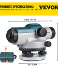 Automatic Transit Level Kit With 24X Optical And 40mm Lens Magnetic Dampened Compensator shown with dimensions and carrying case