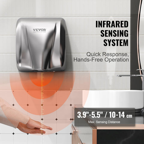 Heavy Duty Commercial Hand Dryer 1300W Automatic High Speed Stainless Steel Warm Wind Wall Mounted demonstrating sensing system.