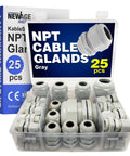 KableLock NPT Cable Glands Kit 25 Pcs 1/4 To 1-1/4 Inch Gray Nylon Cord Grip Strain Relief Adjustable Locknut Grips IP68 Waterproof Heavy Duty Fittings For Marine Industrial Auto, 25-piece kit in case