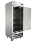 Heavy Duty Shop Ready 29 Inch Reach In Freezer With One Swing Solid Door 23 Cubic Foot Commercial Frozen Display Merchandiser Cabinet, stainless steel, open door view.
