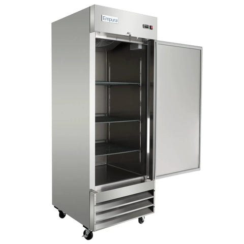 Heavy Duty Shop Ready 29 Inch Reach In Freezer With One Swing Solid Door 23 Cubic Foot Commercial Frozen Display Merchandiser Cabinet, stainless steel, open door view.