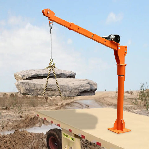 Heavy Duty 1100 Lb Truck Bed Crane Hoist With Electric Winch lifting heavy rocks with precision angle control.