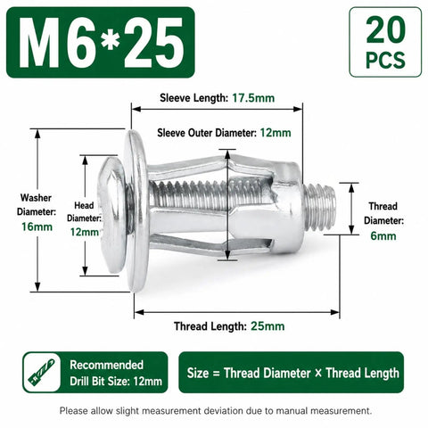 Expansion Screw Petal Nut Kit For Drywall And Hollow Walls Heavy Duty Zinc Plated Jack Nuts With Screws 20 Pcs M6x25, dimensions shown