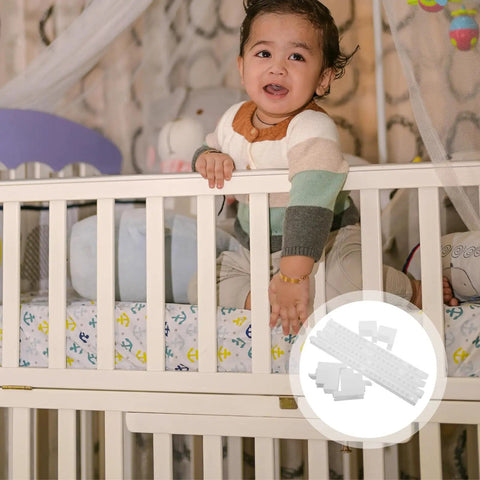 Child in crib with Crib Rail Lifter Kit For Easy One Hand Up And Down Bed Rails With Smooth Sliding Track And Guide Hardware inset