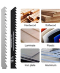 Premium Single T Style Jigsaw Blade Precision Ground High Carbon Steel for cutting hardwood, laminate, plastic, iron and aluminum.