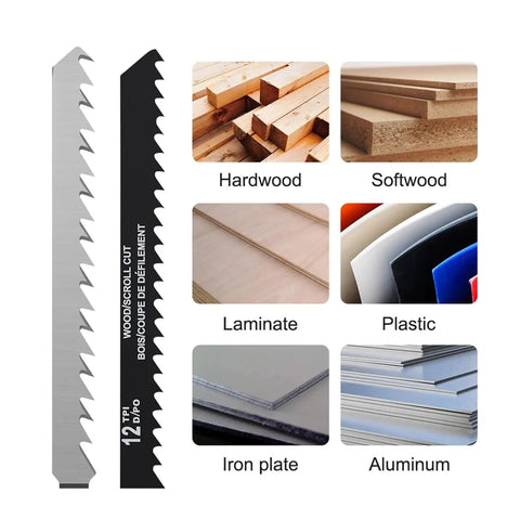 Premium Single T Style Jigsaw Blade Precision Ground High Carbon Steel for cutting hardwood, laminate, plastic, iron and aluminum.