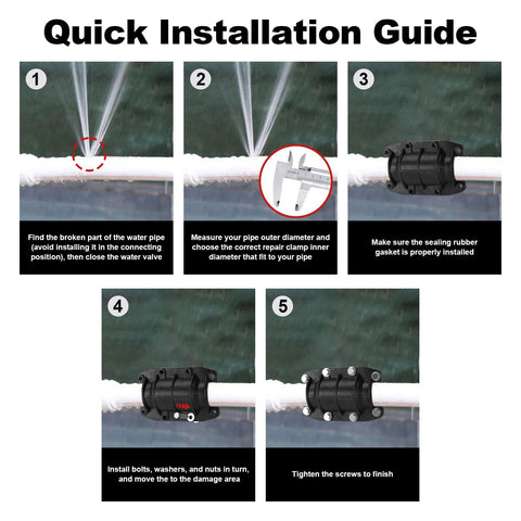 Black 3/4-inch pipe repair clamp for plastic and metal pipes (20mm OD), shown with a five-step installation guide.