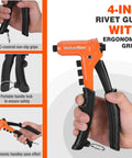 Heavy Duty Four In One Rivet Gun Kit With 200 Rivets And Four Interchangeable Nosepieces displayed with ergonomic grips