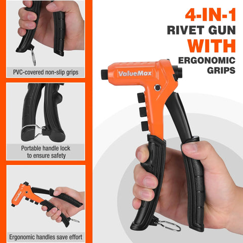 Heavy Duty Four In One Rivet Gun Kit With 200 Rivets And Four Interchangeable Nosepieces displayed with ergonomic grips