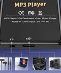 Kids Bluetooth MP3 Player With 80GB Memory showing connectivity features with headphones, laptop, car stereo, and speakers