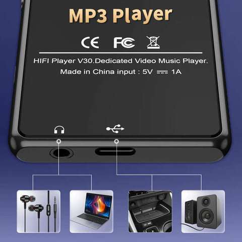 Kids Bluetooth MP3 Player With 80GB Memory showing connectivity features with headphones, laptop, car stereo, and speakers