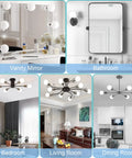 Collage of G25 LED Globe Light Bulbs used in various settings like vanity mirror, bathroom, bedroom, living room, dining room.