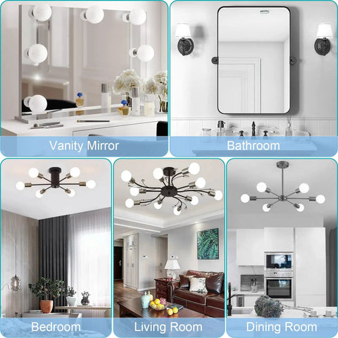 Collage of G25 LED Globe Light Bulbs used in various settings like vanity mirror, bathroom, bedroom, living room, dining room.