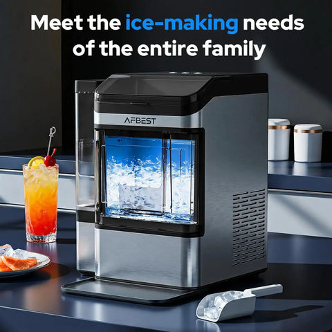 Upgrade Your Kitchen Vibe With This Portable Countertop Nugget Ice Maker Cranking Out ThirtyEight Pounds Fast Of Chewable Soft Ice And HassleFree Self Cleaning For Bars And Weekend Hangouts, featuring a sleek design and ice waiting in the reservoir.