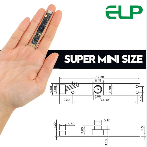Person holding 8MP USB Webcam With Microphone Crystal Clear 3264x2448 Ultra HD No Fuss 105 Degree Wide Angle Lens Plug And Play Computer Camera For LightBurn Laser Engraver Raspberry Pi Laptop And CCTV Security, showing super mini size and detailed dimensions.
