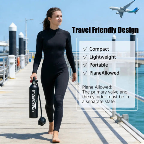 Woman holding 1L Mini Scuba Tank Portable Pony Bottle With Built In Regulator Aviation Grade Aluminum Dive Tank DOT Certified 3000 PSI