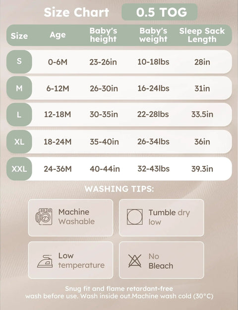 Size chart for Baby Sleep Sack 0-6 Months Wearable Blanket Pack of 3 100% Organic Cotton GOTS Certified with care tips included.