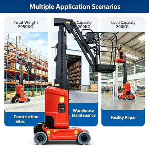 Electric Self Propelled Vertical Mast Boom Lift Brings Compact Workhorse Power With Articulated Jib, showcasing 200KG load capacity in warehouse use.