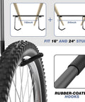Ceiling Mounted Bike Rack For Garage With Space Saving Design, rubber-coated hooks detail, support for 16 and 24 inch studs.