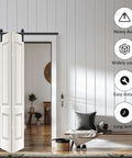 Bi-Fold Barn Door Hardware Kit For Closet, 30 Inch Track System For Two Doors, Black Roller Guides installed in bedroom