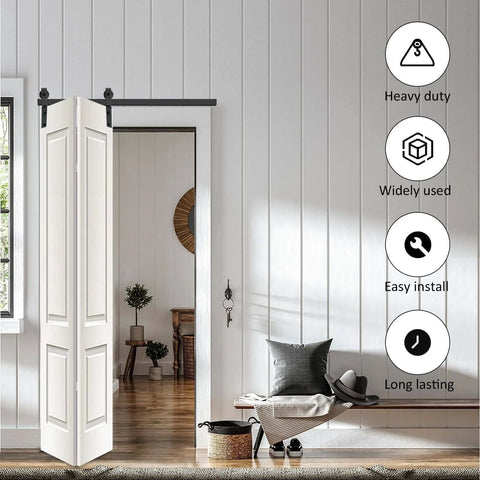 Bi-Fold Barn Door Hardware Kit For Closet, 30 Inch Track System For Two Doors, Black Roller Guides installed in bedroom