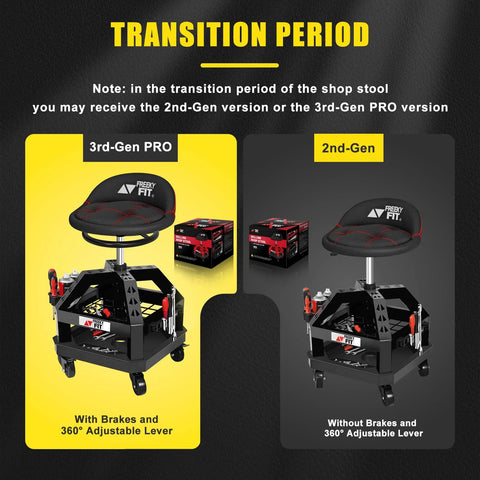 Rolling Shop Stool For Garage With Casters Adjustable Height 360 Degree Swivel Padded Mechanic Stool With Tool Tray Storage And Magnetic Tool Hold Heavy Duty Black Stool Supports Up To 330 Lbs transition versions with and without brakes