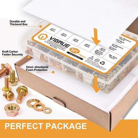 521 Piece Flange Bolts Assortment Kit M6 M8 M10 Serrated Hex Cap Flange Bolts With Nuts And Washers Class 8 8 packaging