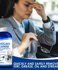 Heavy Duty Ultrasonic Eyeglass Cleaner Concentrate 16 Oz Solution displayed with a woman holding glasses in a car.