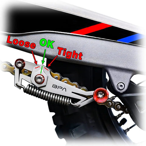 Motorcycle Chain Slack Adjuster Tool For Easy Quick And Precise Chain Slack Adjustment with tension indicators shown.
