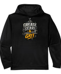 Grease Gears And Grit Heavy Duty Performance Hoodie For Mechanics And Equipment Operators with pocket, black color.