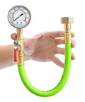 Pronese 2-inch dial pressure gauge kit front view with brass fittings and 12-inch green EPDM hose, LF valve and adapters