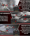 Image showing four channel ready to fly RC plane for beginners with easy controls and aerobatic capabilities P51 Mustang foam airplane for outdoor fun stable flight great gift for adults and hobbyists demonstrates one-key aerobatic and U-turn features with remote control illustrations and different flight scenarios