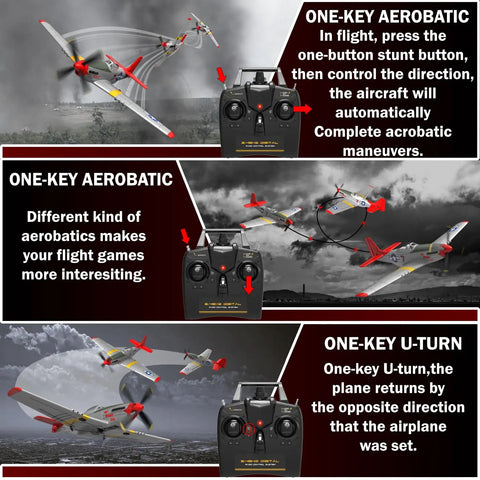 Image showing four channel ready to fly RC plane for beginners with easy controls and aerobatic capabilities P51 Mustang foam airplane for outdoor fun stable flight great gift for adults and hobbyists demonstrates one-key aerobatic and U-turn features with remote control illustrations and different flight scenarios