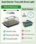 Comparison of seed starter trays showing new 80 cell kit with adjustable grow light bars and full spectrum LED vs old 12 cell model