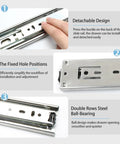 10 Inch Full Extension Ball Bearing Drawer Slides with side mount rails, silver finish, showing detachable design and double row ball bearing.