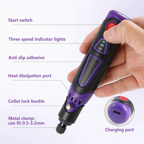 Tough As Nails Multi Speed Mini Electric Angle Grinder With 82 Piece Bit Set showing user hand holding tool with controls and ports.