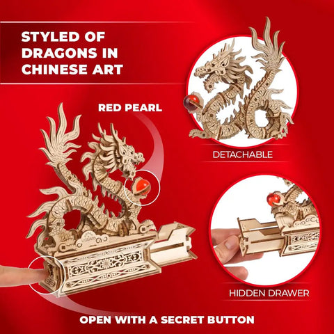Mind Blowing Wood Dragon 3D Puzzle For Adults With Hidden Compartment showing Chinese dragon style and secret drawer