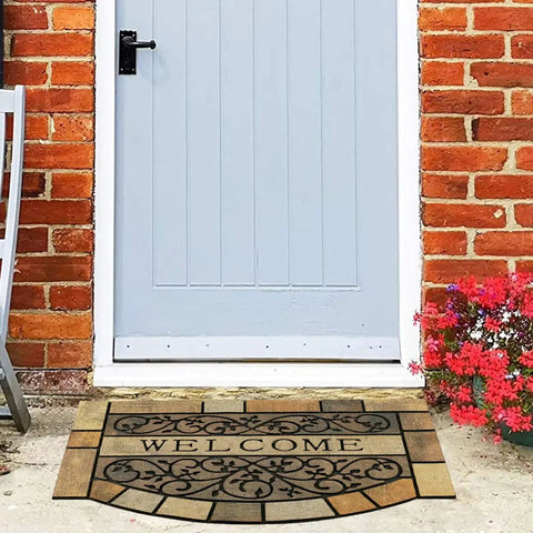 Heavy Duty Entrance Door Mat 24 By 36 Inch Large Entryway Doormat Non Slip Rubber Back Low Profile For Front Porch Garage Patio High Traffic Outdoors Welcome Mat placed on a porch.