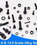 Knockout 2285 Piece Metric Screw Assortment Kit With M2 M3 M4 M5 Socket And Button Head Screws With Nuts And Washers Made Of Rock Solid 10.9 And 12.9 Grade Alloy Steel, assorted black screws and nuts.
