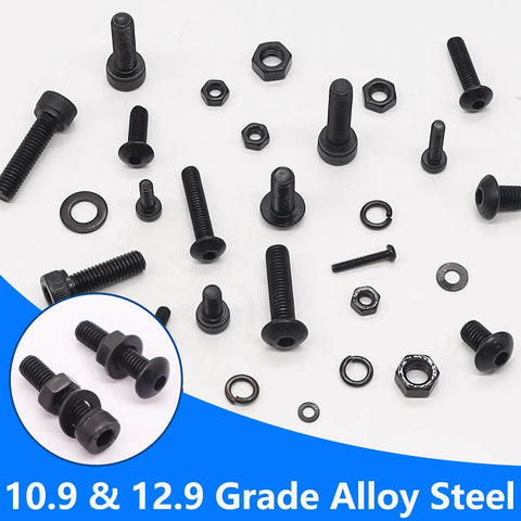 Knockout 2285 Piece Metric Screw Assortment Kit With M2 M3 M4 M5 Socket And Button Head Screws With Nuts And Washers Made Of Rock Solid 10.9 And 12.9 Grade Alloy Steel, assorted black screws and nuts.