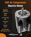 Front-view of maXpeedingrods 5HP SPL air compressor electric motor, 56-frame, 230V, 15A, CCW rotation, 5/8" keyed shaft