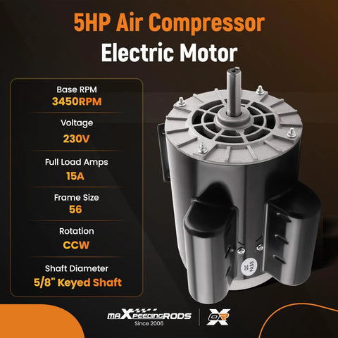 Front-view of maXpeedingrods 5HP SPL air compressor electric motor, 56-frame, 230V, 15A, CCW rotation, 5/8" keyed shaft