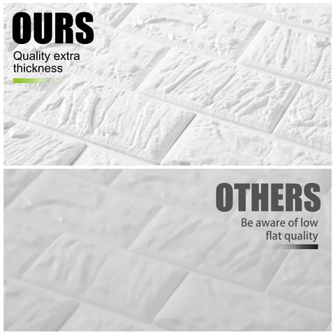 Comparison of 30 Piece 3D White Brick Peel And Stick Foam Wall Panels showing quality thickness against lower quality options.