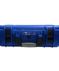 Front view of blue MIG GMAW Wire Storage Case Lockable Airtight Lightweight Organizer For Welders with latches closed