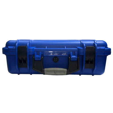 Front view of blue MIG GMAW Wire Storage Case Lockable Airtight Lightweight Organizer For Welders with latches closed