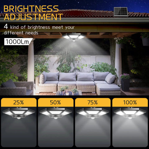Solar Shed Light Outdoor Pendant With 180 LED 1000 Lumen Brightness Motion Sensor And Remote Control over patio seating area.
