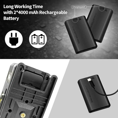 Two rechargeable batteries for 16 Lines Laser Level 4x360 Self Leveling Pro Grade with charging port and power plug icons.
