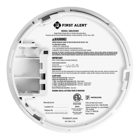 Back view of Battery Powered Photoelectric Smoke And Carbon Monoxide Detector With Voice And Location Alerts Slim Combo Alarm
