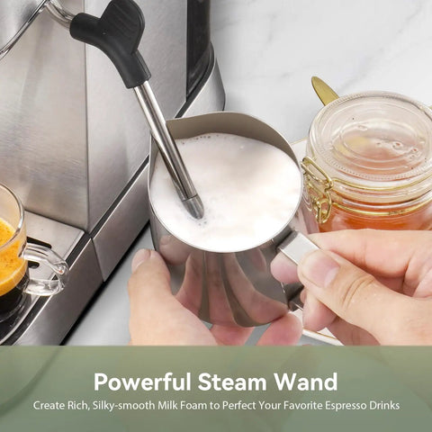 Barista Grade Espresso Machine With Milk Frother For Home Use steaming milk in a stainless steel jug